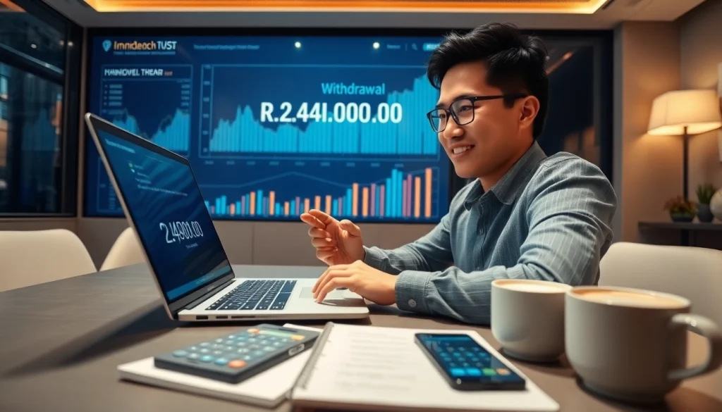 Celebrating financial success with BOX138: a confident individual with a laptop and financial charts.