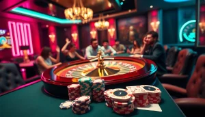 Experience the thrilling atmosphere of F168 with vibrant roulette tables and colorful poker chips.