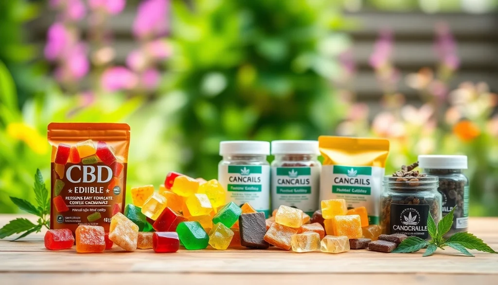 Showcase a selection of wholesale CBD edibles including gummies and chocolates on a wooden table.
