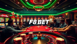 Players engage in an exciting poker game at F8 BET luxury casino, surrounded by vibrant slot machines and roulette.