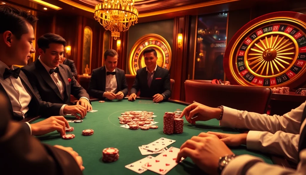 Players compete at a poker table in a luxurious casino, highlighting win55 strategies.