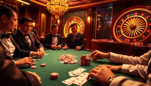 Players compete at a poker table in a luxurious casino, highlighting win55 strategies.