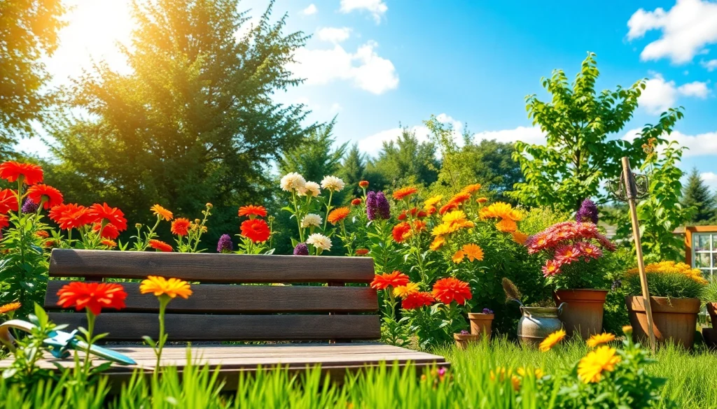 Gardening scene with vibrant flowers and a wooden bench inviting outdoor relaxation.