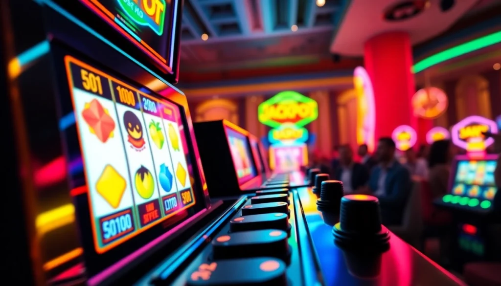 Slot deposit 1000 di mesin slot dengan simbol warna-warni dan suasana meriah.