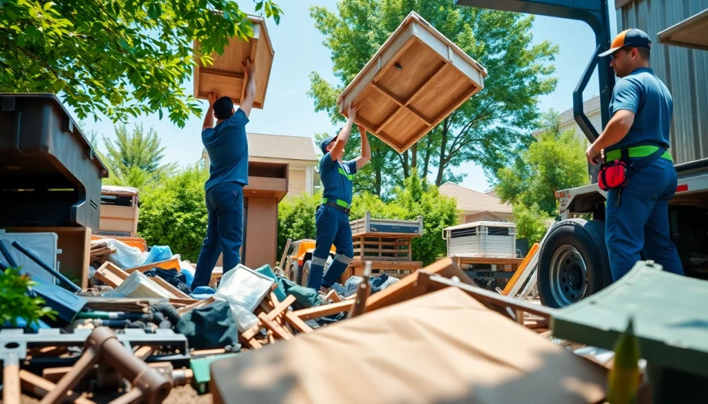 Efficient junk removal team at work showcasing https://myeasyjunkremoval.com services in a sunny yard.