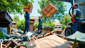 Efficient junk removal team at work showcasing https://myeasyjunkremoval.com services in a sunny yard.