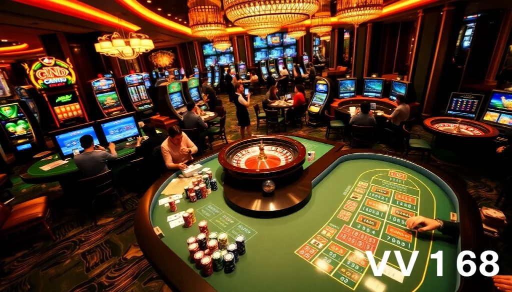 Experience high-stakes gaming at VN168 online casino with vibrant poker tables and slot machines.