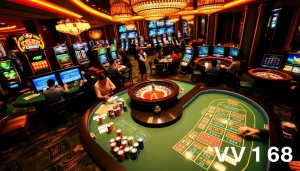 Experience high-stakes gaming at VN168 online casino with vibrant poker tables and slot machines.