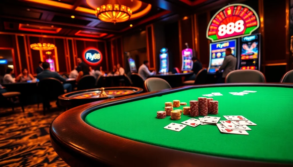 Engaged players at the Fly88 poker table in an elegant casino setting, showcasing excitement and luxury.