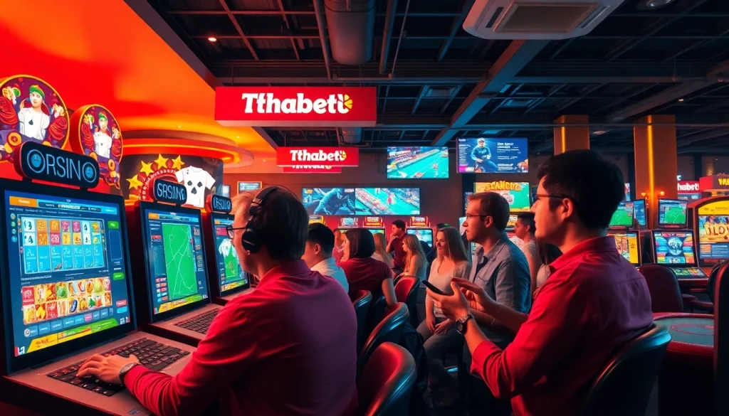 Exciting online casino scene with players enjoying Thabet's games in a vibrant atmosphere.