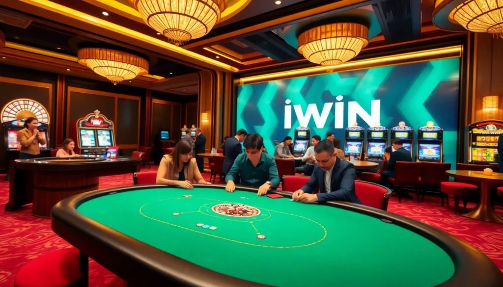 IWIN casino scene showcasing lively poker game action and roulette excitement.
