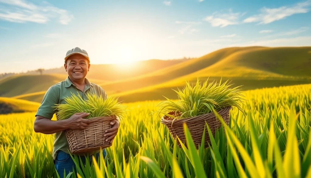 Petani toto yang berkebun di ladang padi yang subur dan cerah pagi.
