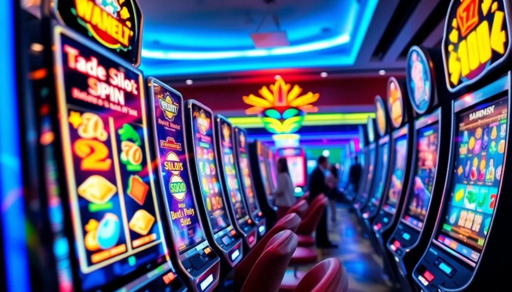 Menampilkan pengalaman slot bet kecil yang mengasyikkan dengan mesin slot dan pemain berinteraksi.