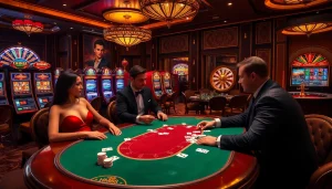 HM88 offers an exhilarating casino experience with poker players and vibrant slot machines.