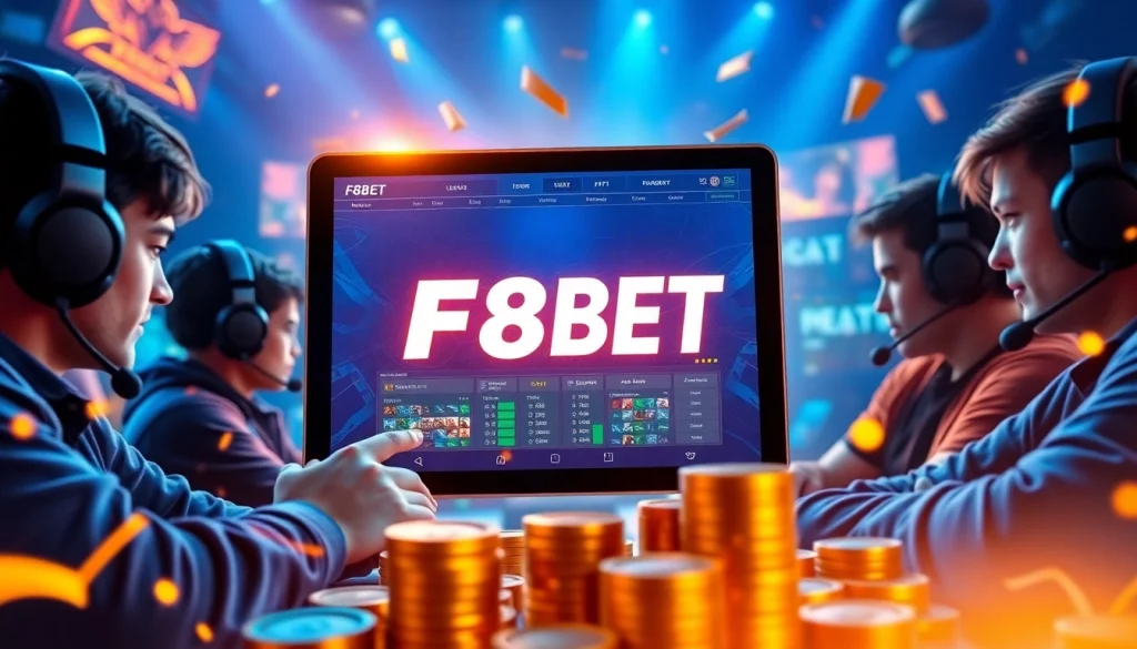 Online betting scene with F8BET interface, showcasing esports excitement and modern technology.