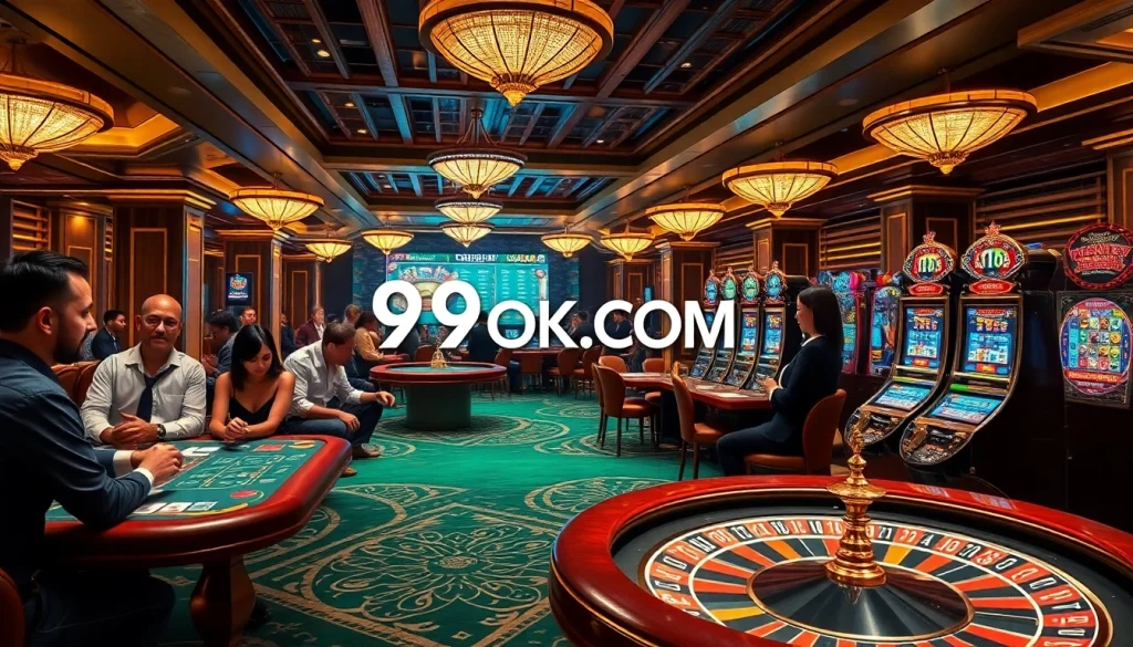 Enjoying games at 99OK.COM's vibrant casino tables, featuring poker, slots, and roulette.