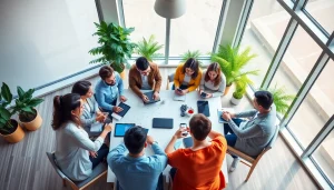 Agency team brainstorming creatively in a bright modern office setting.