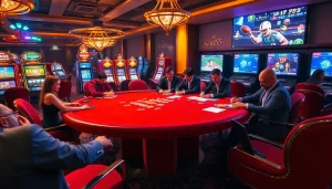 Engage with god55 sports at a luxury online poker table surrounded by vibrant gambling visuals.