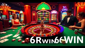 Engaged players enjoying the excitement of roulette and poker at 6RWIN's luxurious casino.