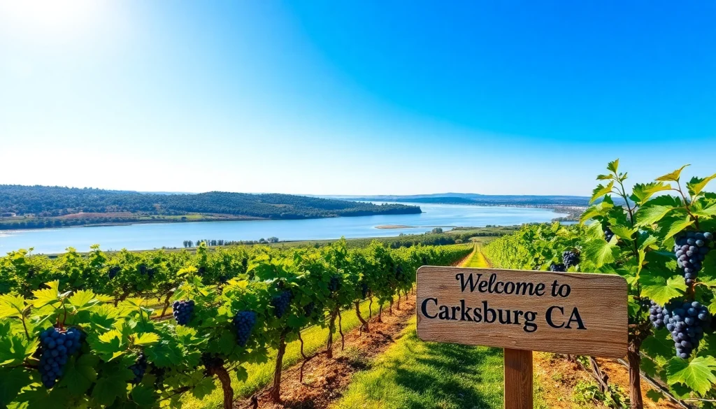 Enjoy the scenic vineyards of Carksburg CA thriving with grapes against the Sacramento River.