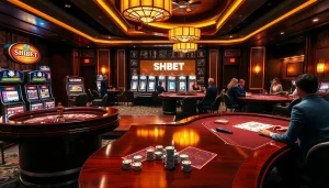 Experience the thrill of SHBET gaming with vibrant tables, slot machines, and excited players.