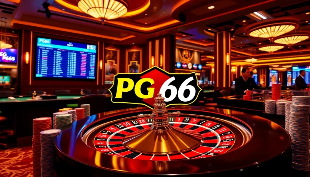 Experience the excitement of PG66 Casino with engaging games, vibrant poker chips, and a roulette wheel.