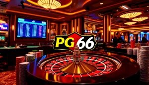Experience the excitement of PG66 Casino with engaging games, vibrant poker chips, and a roulette wheel.