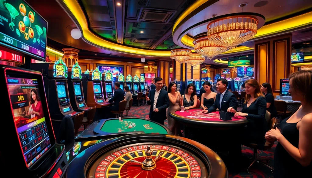 Players enjoying the thrilling S8 casino experience with high-tech gaming tables and slot machines.