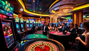 Players enjoying the thrilling S8 casino experience with high-tech gaming tables and slot machines.