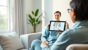 Engaging AI Therapist offering support in a tranquil setting to promote mental well-being.