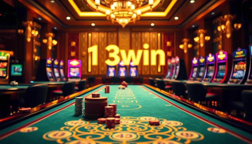 Players enjoying a thrilling game at 13win's luxurious casino, showcasing vibrant slot machines and poker tables.