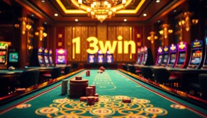 Players enjoying a thrilling game at 13win's luxurious casino, showcasing vibrant slot machines and poker tables.