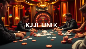 Engage in thrilling poker gameplay at KJC LINK, with vibrant chips and cards enhancing the casino experience.