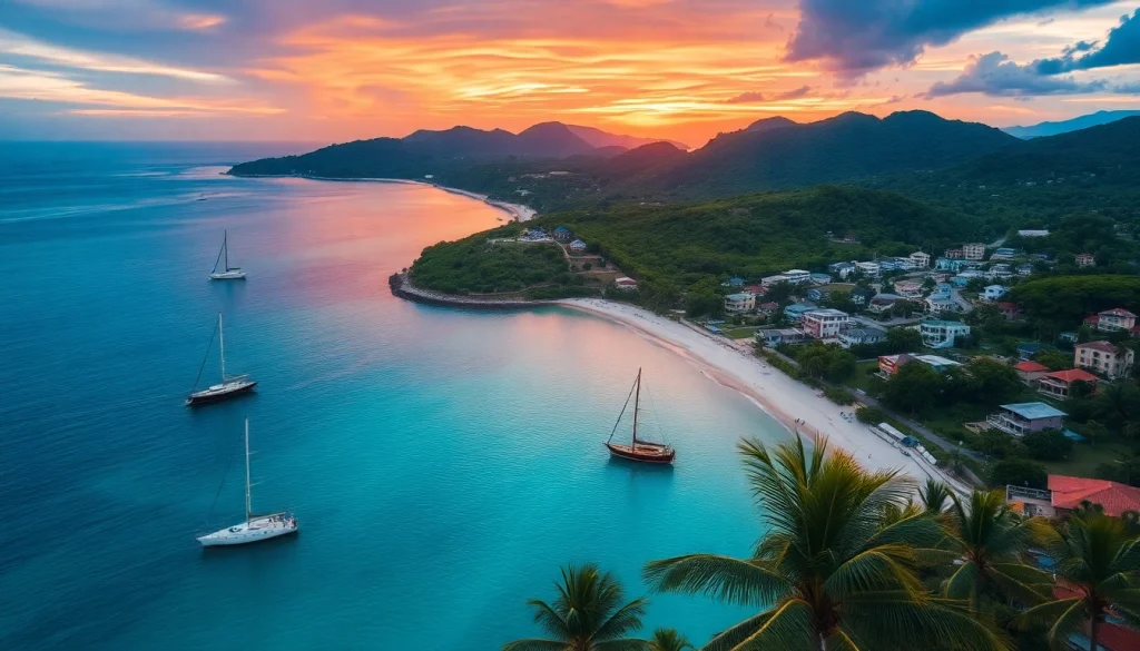 Vibrant travel destinations featuring scenic coastline, villas, and sunset hues.