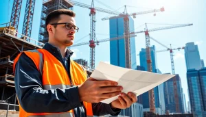 New York Construction Manager evaluating site conditions with blueprints at a bustling construction site.