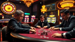 Expert players showcasing strategic moves at a high-stakes nk88 poker game amidst luxurious casino décor.