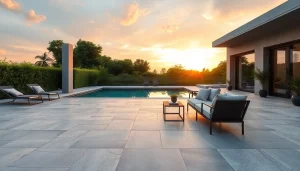 Beaux carreaux de carrelage extérieur sur une terrasse extérieure luxueuse au coucher du soleil.
