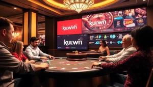 Kuwin gamblers enjoying an exciting poker game with colorful chips and cards in action.
