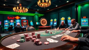 High-stakes poker action at UU88 casino with colorful chips and lighting.