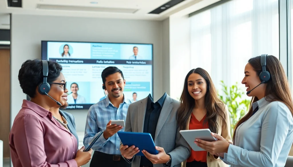 On-demand interpretation services in a modern office with diverse professionals using technology.