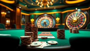 Exciting poker table scene highlighting UU88 with chips and cards in a luxurious casino environment.
