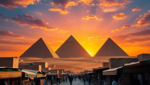 Experience the pyramids of Giza with vibrant market life in the foreground at https://emegypt.net.