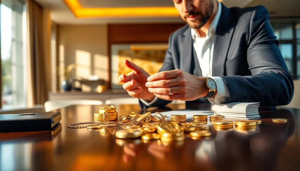 Engaging scene of a gold buyer evaluating items for Goldankauf in der Nähe.