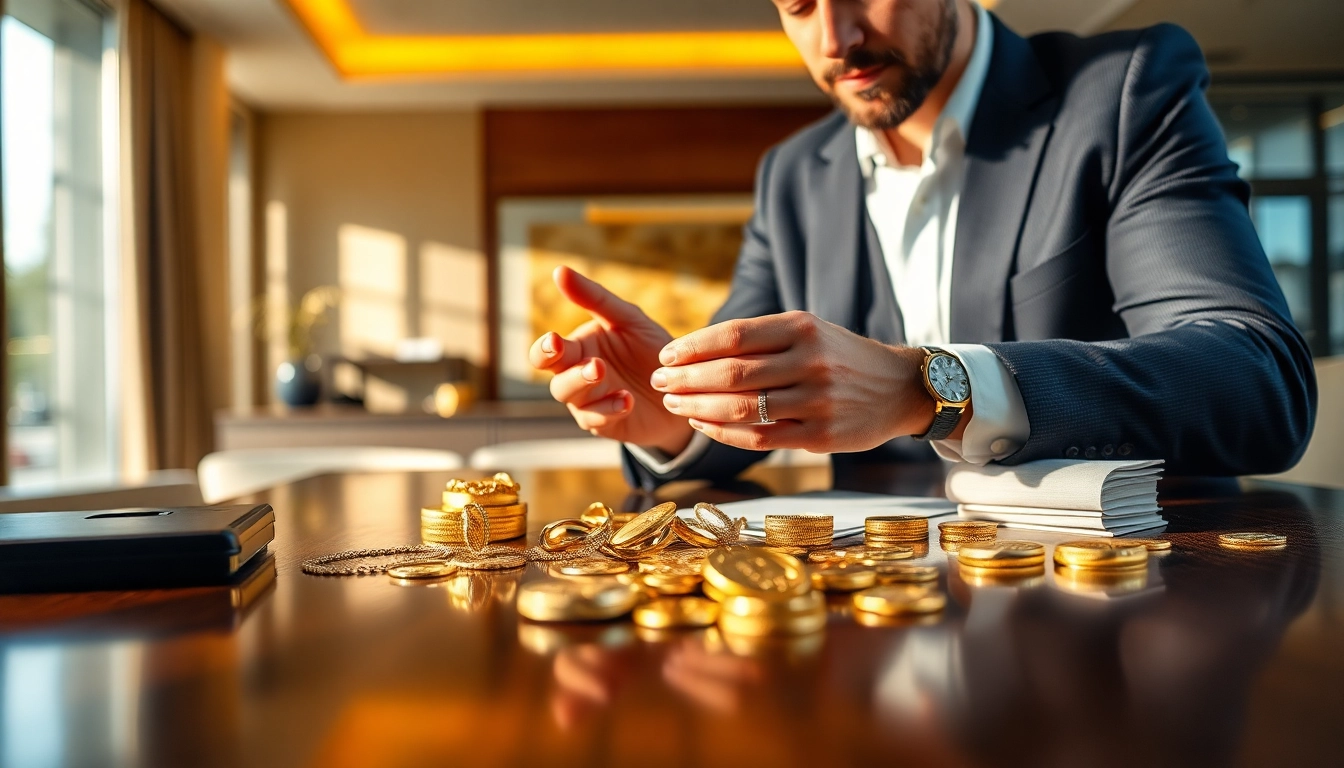 Engaging scene of a gold buyer evaluating items for Goldankauf in der Nähe.