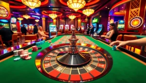 Players celebrating wins at a vibrant luck8 casino table with roulette, cards, and chips.