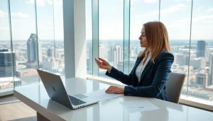 Explore vibrant real estate market with professional agent in modern office.