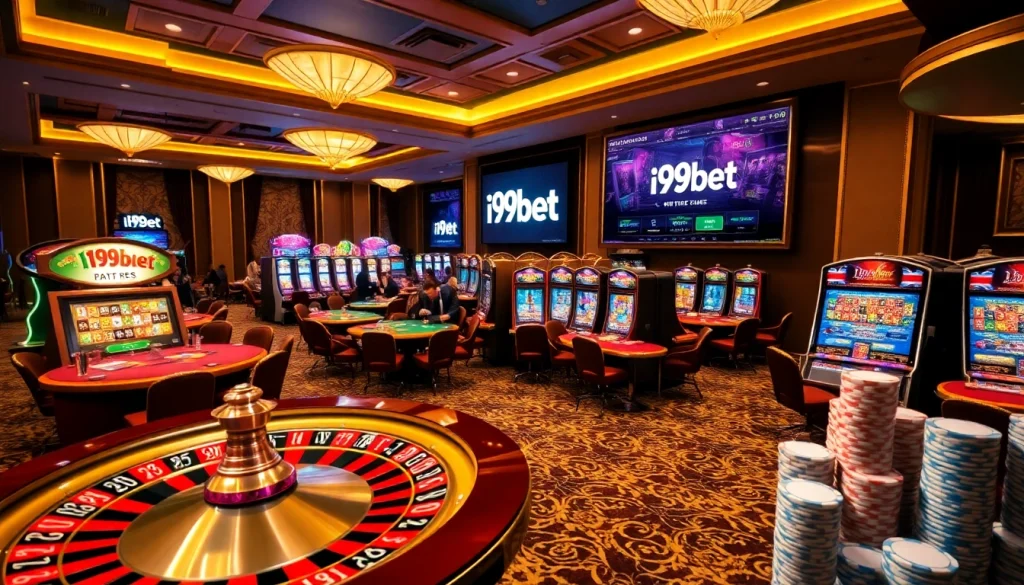 Exciting gameplay at i9bet casino with vibrant tables, roulette wheel, and poker chips.