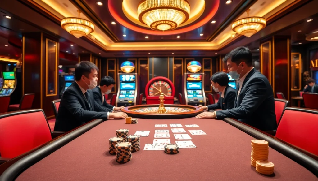 Hello88 showcases an exciting casino scene with poker players and roulette wheels in a luxurious setting.