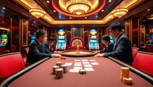 Hello88 showcases an exciting casino scene with poker players and roulette wheels in a luxurious setting.