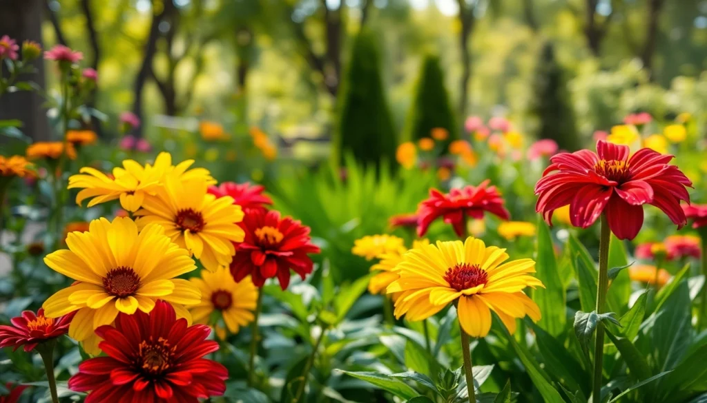 Gardening scene showcasing vibrant flowers and lush plants in a warm, inviting garden setting.